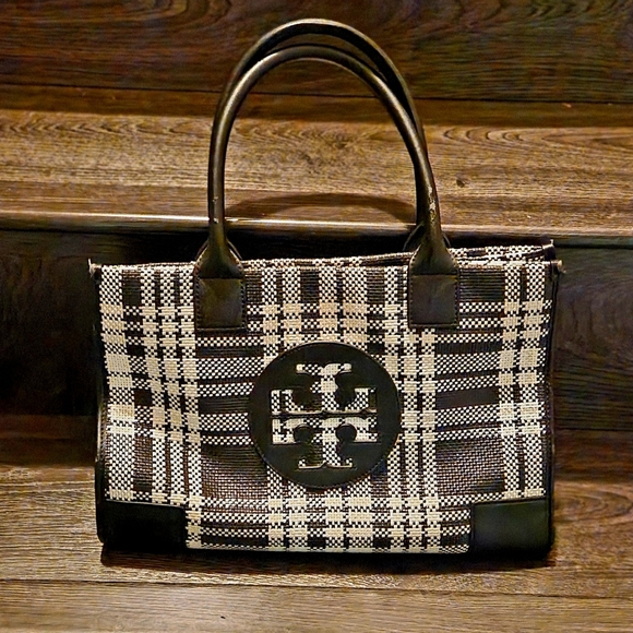 Tory Burch Handbags - AUTHENTIC TORY BURCH WOVEN LOGO ELLA BAG BLACK & CREAM TOTE BAG *FLAWED*